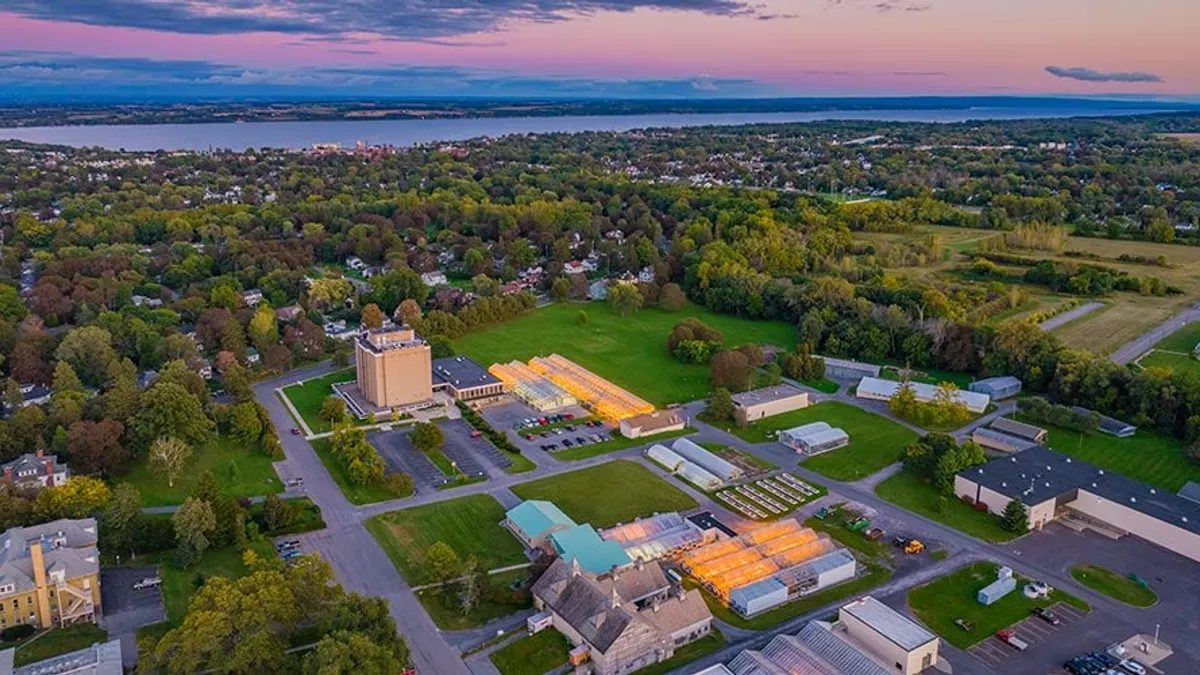 Cornell University's Agricultural Experiment Station, or AgriTech, campus with greenhouses.
