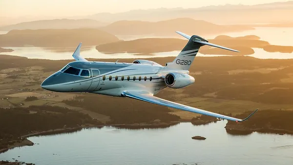 An image ofa Gulfstream G280 aircraft flying above a lake with golden sunshine behind it