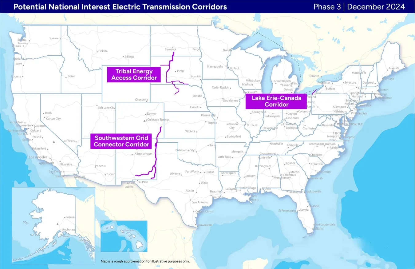 A Department of Energy map showing the proposed location of now-cancelled National Interest Electric Transmission Corridors.