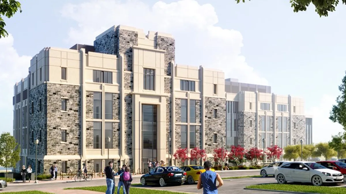 In a rendering, a group of students walk across the parking lot to an education building.