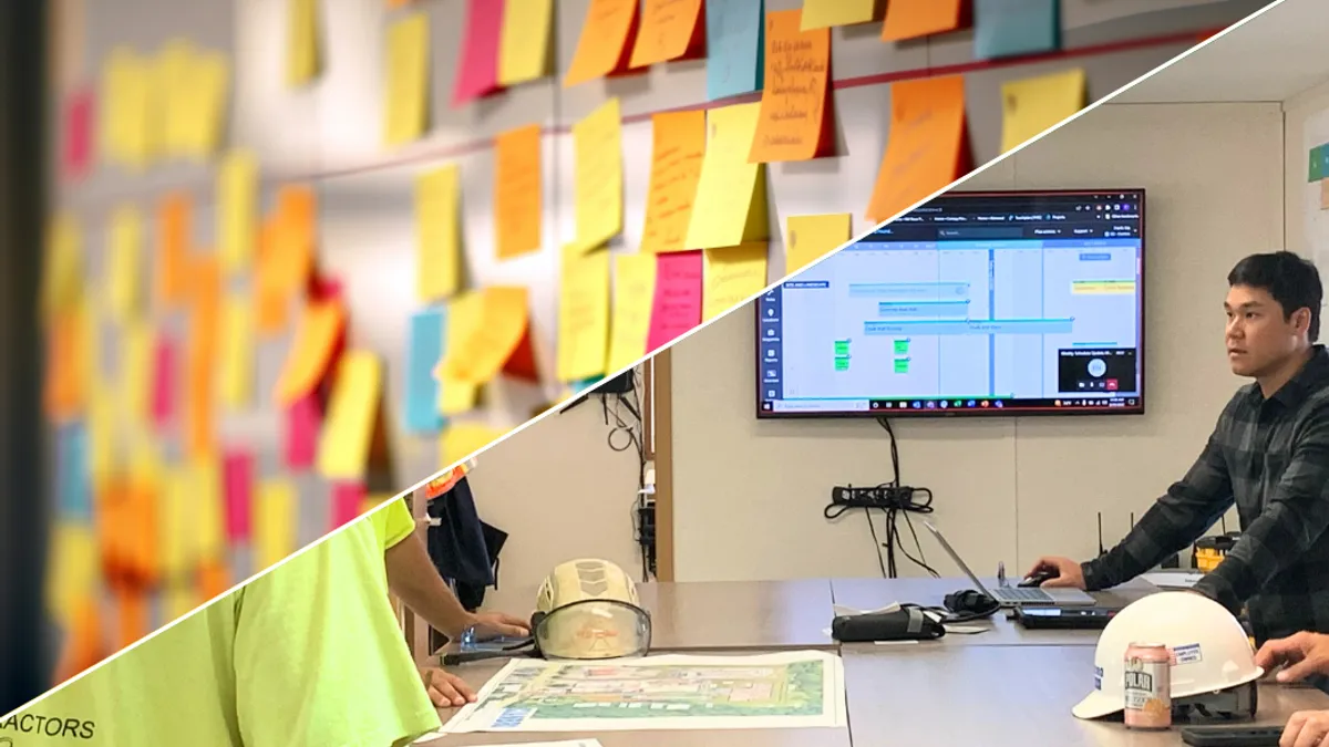 Left: Board full of sticky notes. Right: Office meeting with