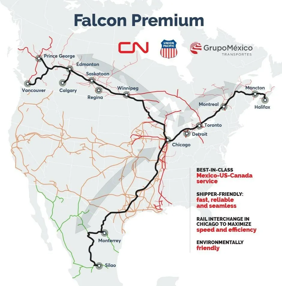 A map of North America with an overlay of a rail network map.