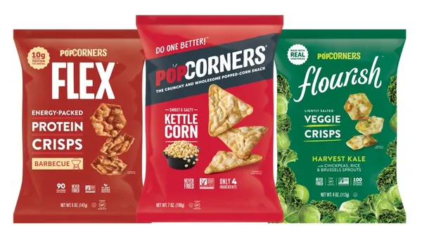 A photo of three bags of PopCorners branded corn snacks against a white backgrounds. The bags are for Flex protein crisps, kettle corn and veggie crisps snacks.