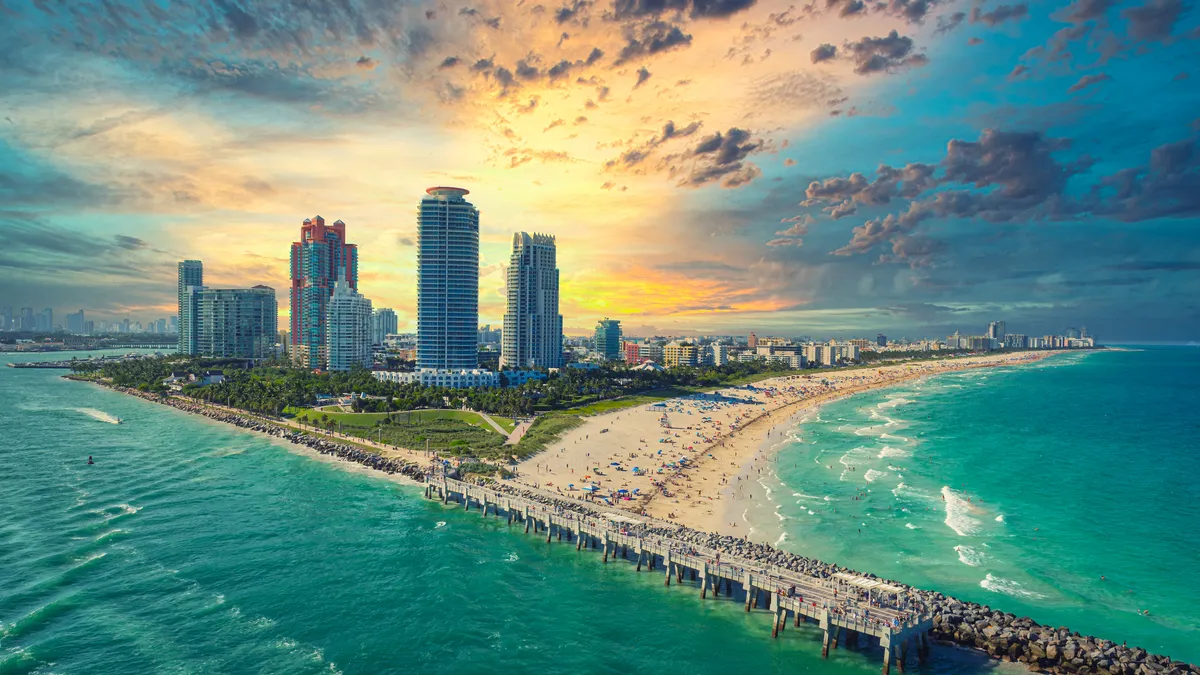 Panoramic view of South Beach at Miami South Pointe Park with high skyscrapers