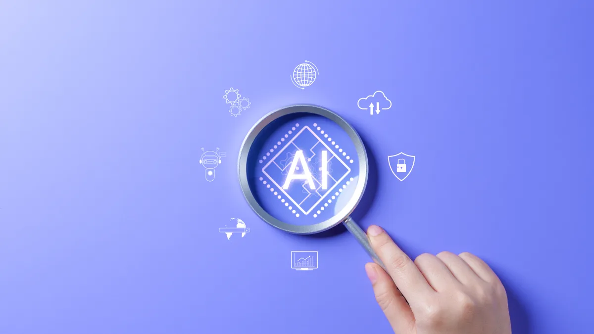 A hand holds a magnifying glass above a graphic that says "AI."