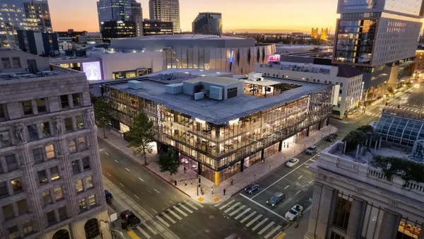 An architectural rendering of an aerial view of a modern building.