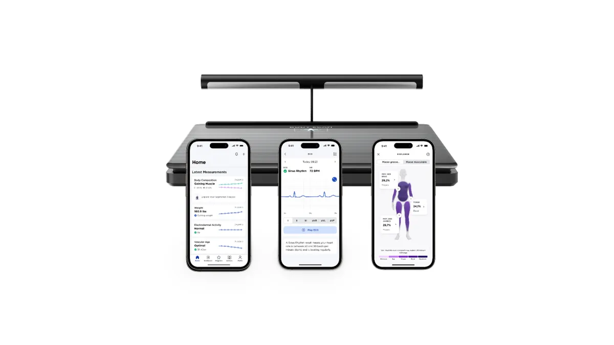 A scale with three phone screens showing measurements including heart beats per minute and body composition.