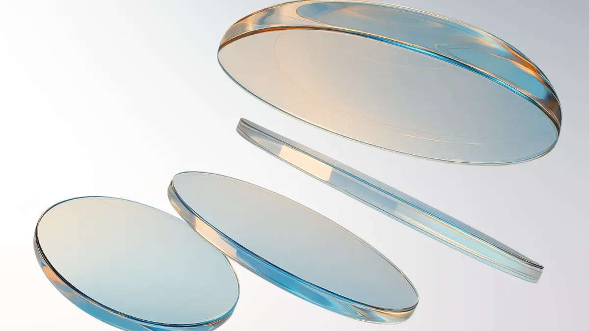 Four transparent, oval-shaped optical lenses are arranged in a floating formation on a light gradient background.
