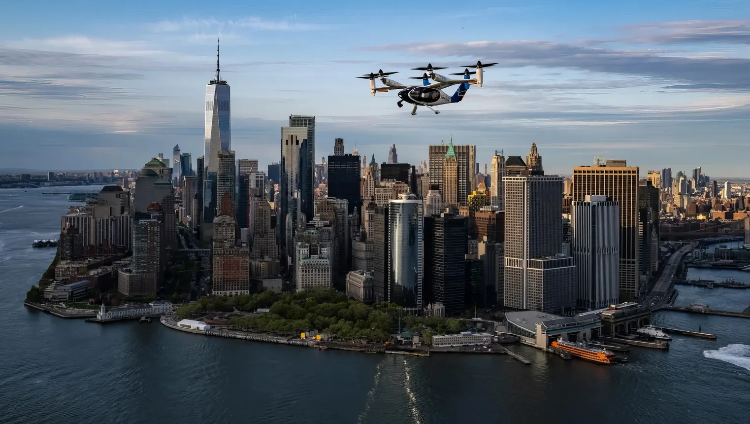 A small, futuristic airplane with several vertical propellers flies over water with the skyline of lower Manhattan behind.