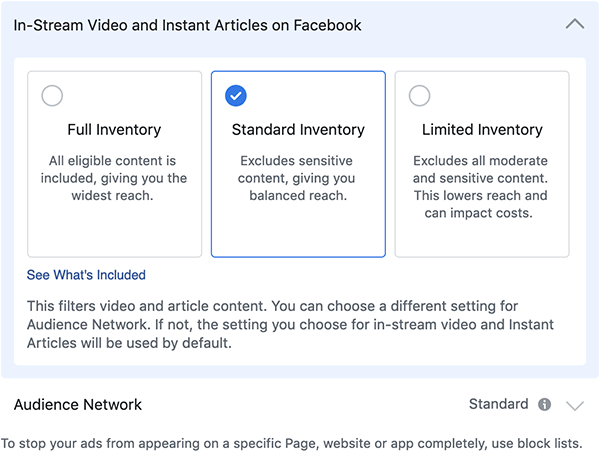 Facebook Inventory Filter tiers