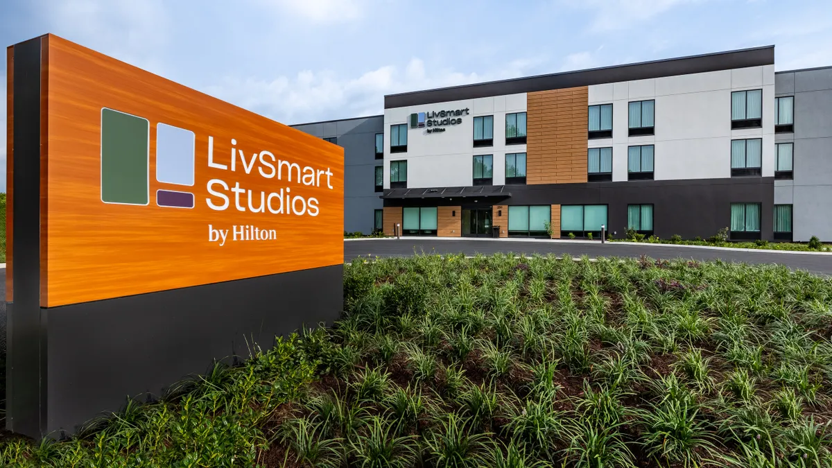 The exterior of the LivSmart Studios hotel.