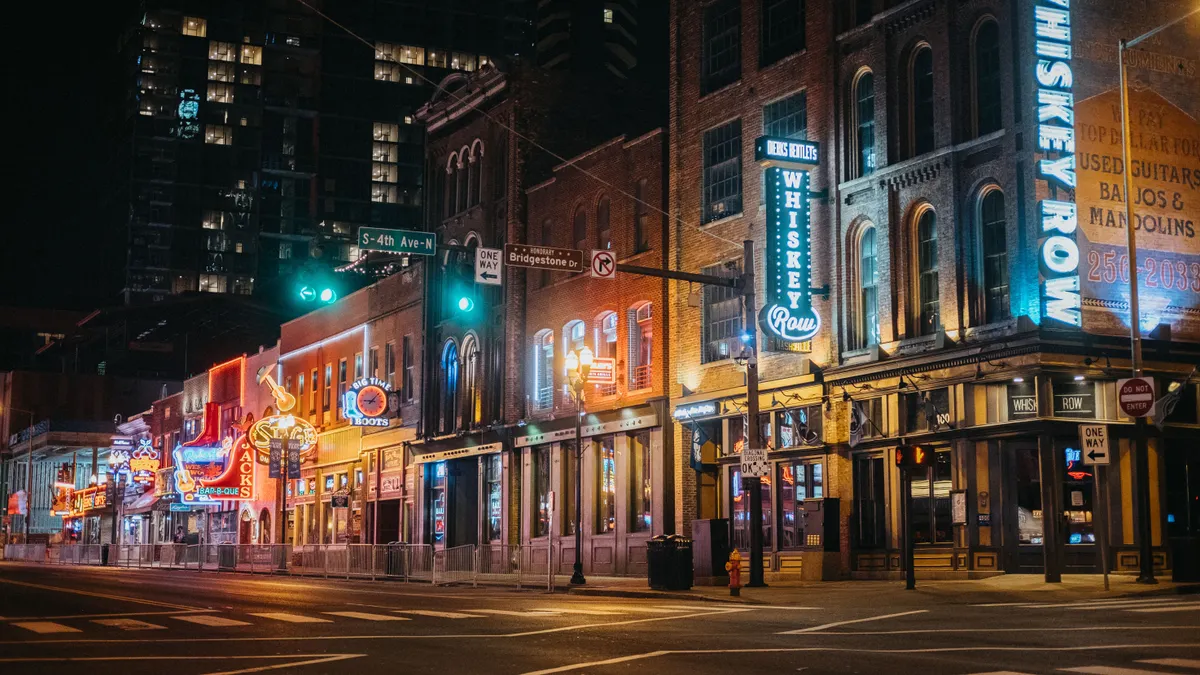 Downtown Broadway is seen at night on April 8, 2020 in Nashville, Tennessee.