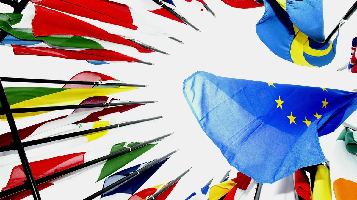 A below view of the EU flag is seen, surrounded by flags of the European bloc's member countries.