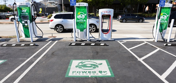 An 'EV Charging Only' sign is seen at a Power Up fast charger station for electric vehicles on April 14, 2022 in Pasadena, California. California has unveiled a propos