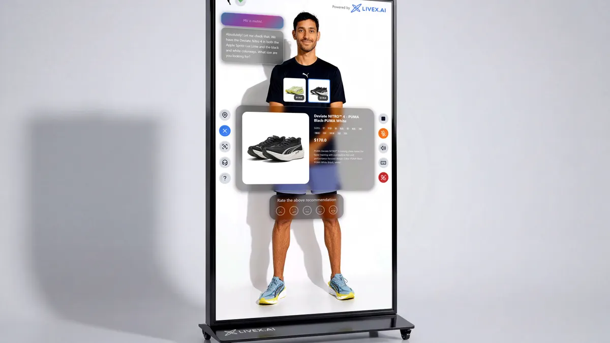 A screen with a person and product images on it.
