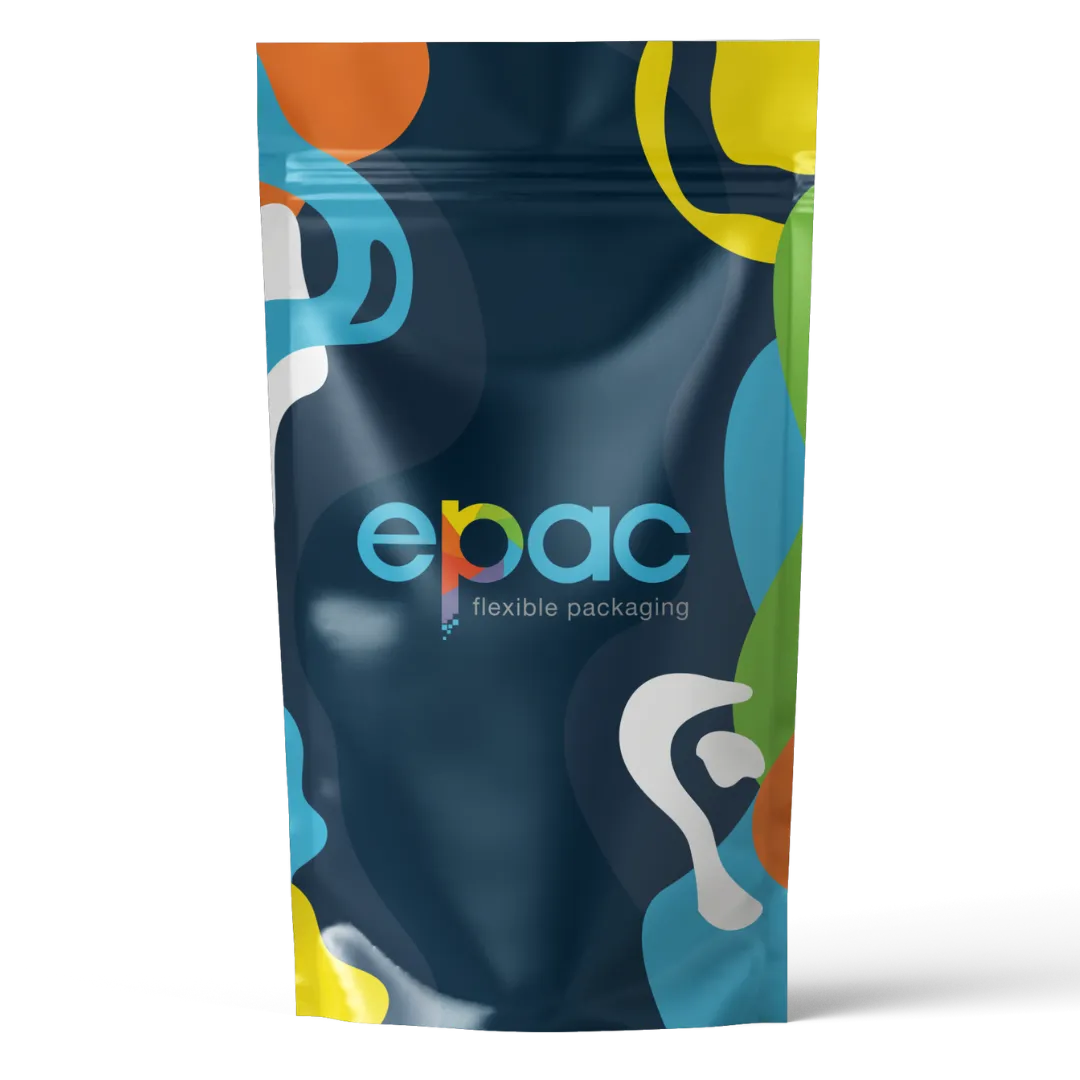A colorful pouch that says epac flexible packaging