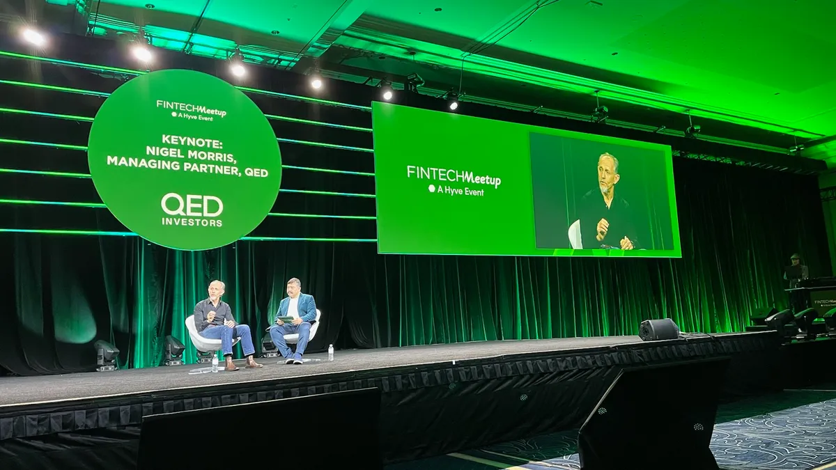 nigel morris and fintech meetup founder on stage at fintech meetup in las vegas, nevada