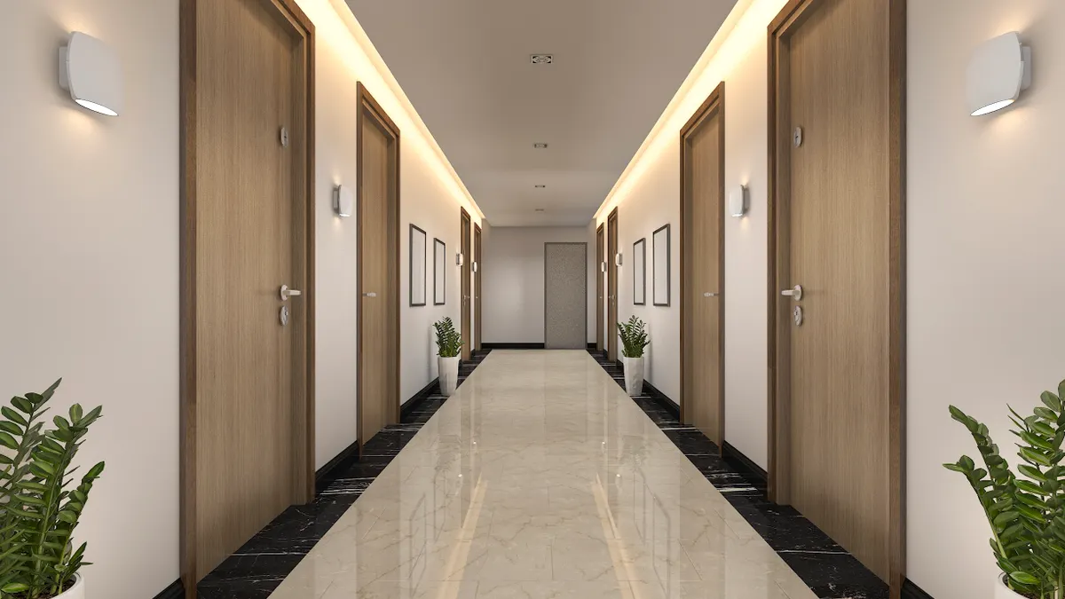 3d rendering modern luxury wood and tile hotel corridor