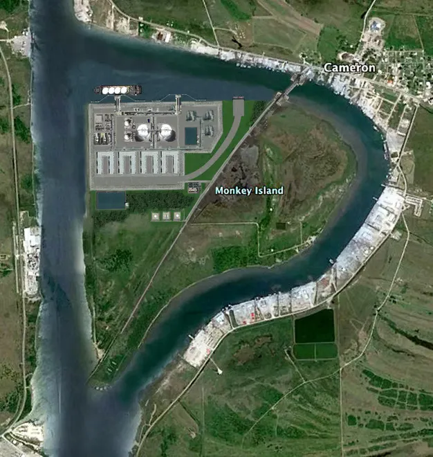 An artist's rendering of an LNG plant on an island surrounded by a body of water.