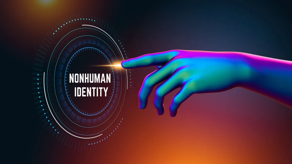 Abstract image of a hand pointing toward a circle with the words "nonhuman identity" in the middle