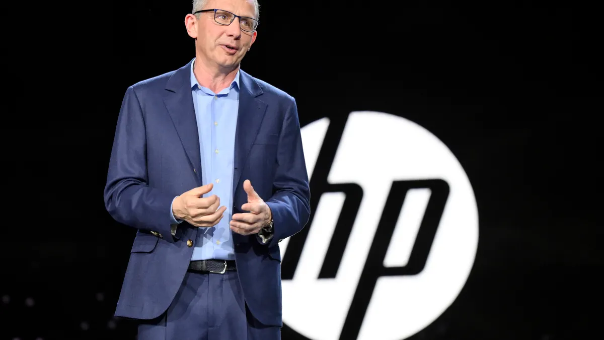 HP President and CEO Enrique Lores speaks during a keynote address at CES 2023 at the Venetian Las Vegas on Jan. 4, 2023 in Las Vegas.