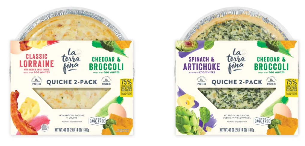 Two quiches of different flavors in packaging that has La Terra Fina branding.