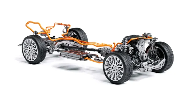 A cutaway view of Hyundai's new hybrid powertrain and chassis showing the engine, battery, and drivetrain components.