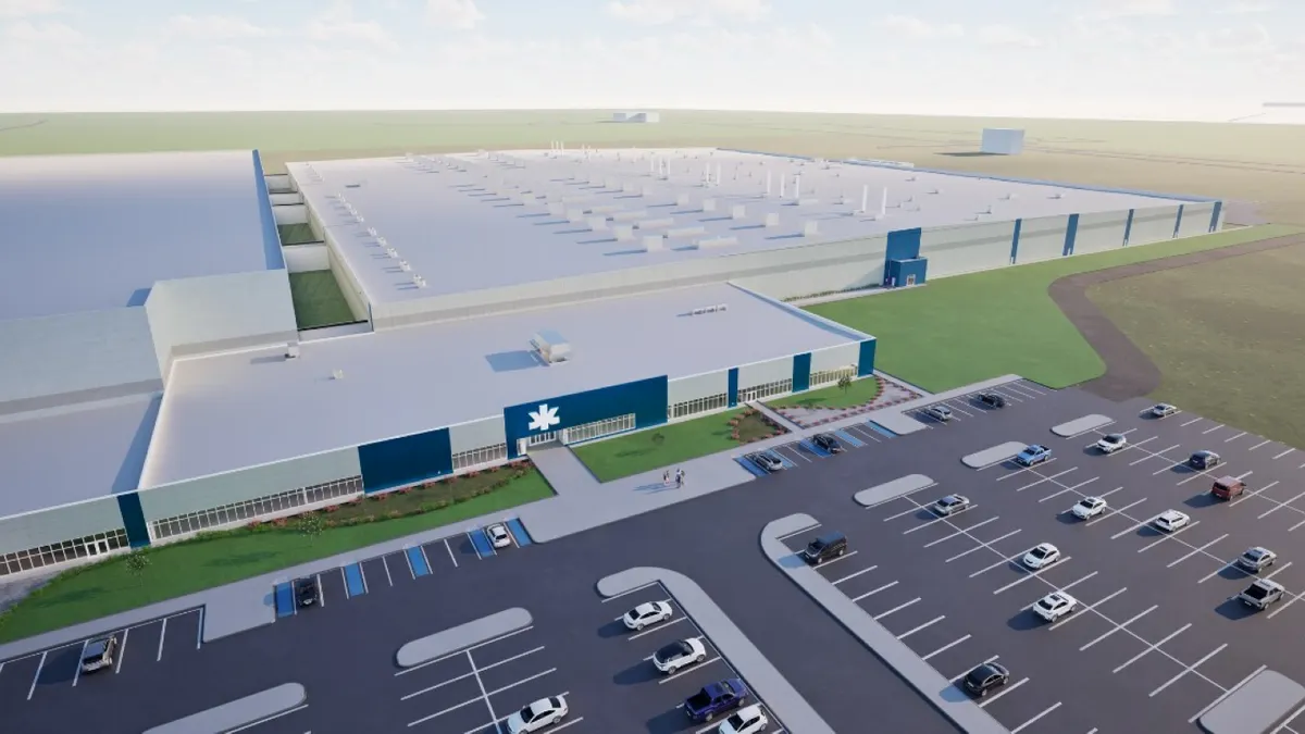 A rendering of a blue and white building with a parking lot in front of it.