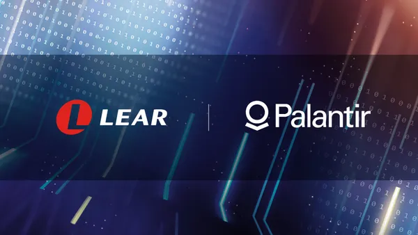A blue graphic showing the corporate logos of Lear Corp and Palantir Technologies with binary numbers in the background.