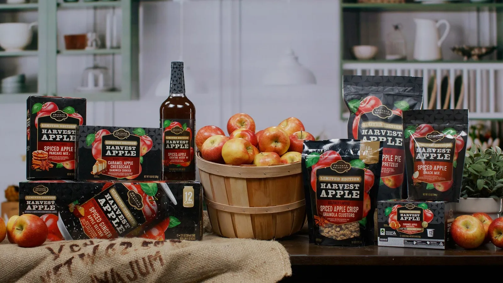 An assortment of fall-themed private label grocery items.