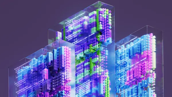 Artificial intelligence generating colorful blocks of code inside glass cubes