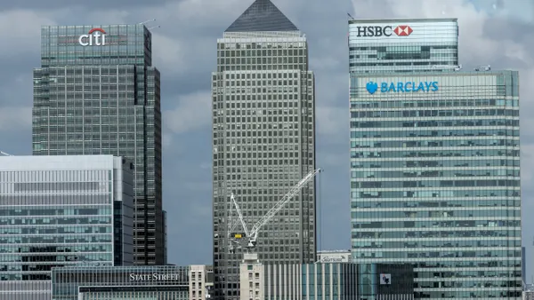 The Canary Wharf business district including global financial institutions Citigroup Inc., State Street Corp., Barclays Plc, HSBC Holdings Plc and the commercial office block No. 1 Canada Square, on the Isle of Dogs seen on June 22, 2023 in London, England.