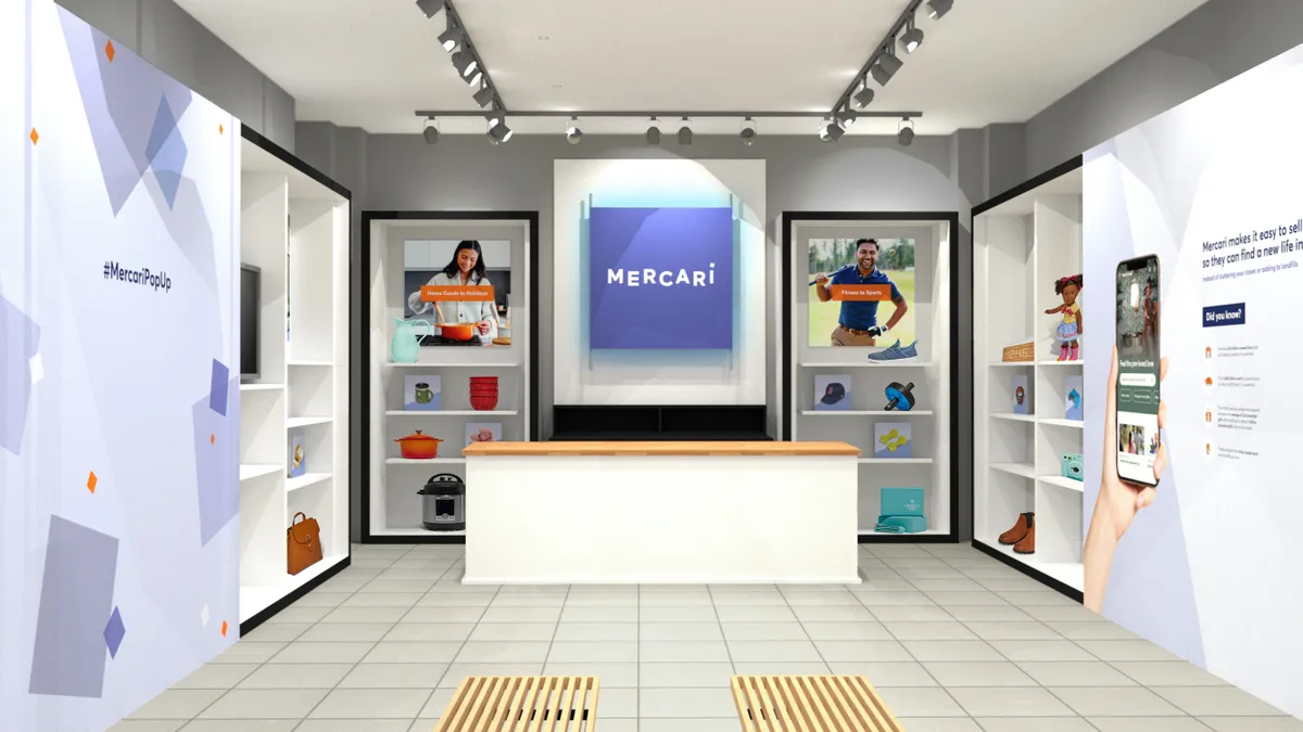 A storefront with a blue sign in the background that says "Mercari."