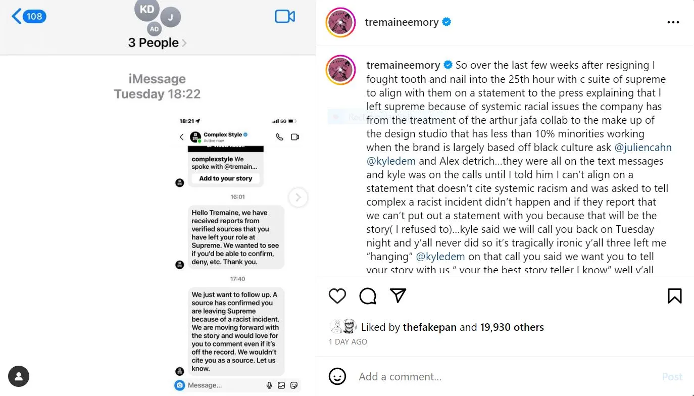 Instagram post from Tremain Emory dated Thursday August 31, 2023.