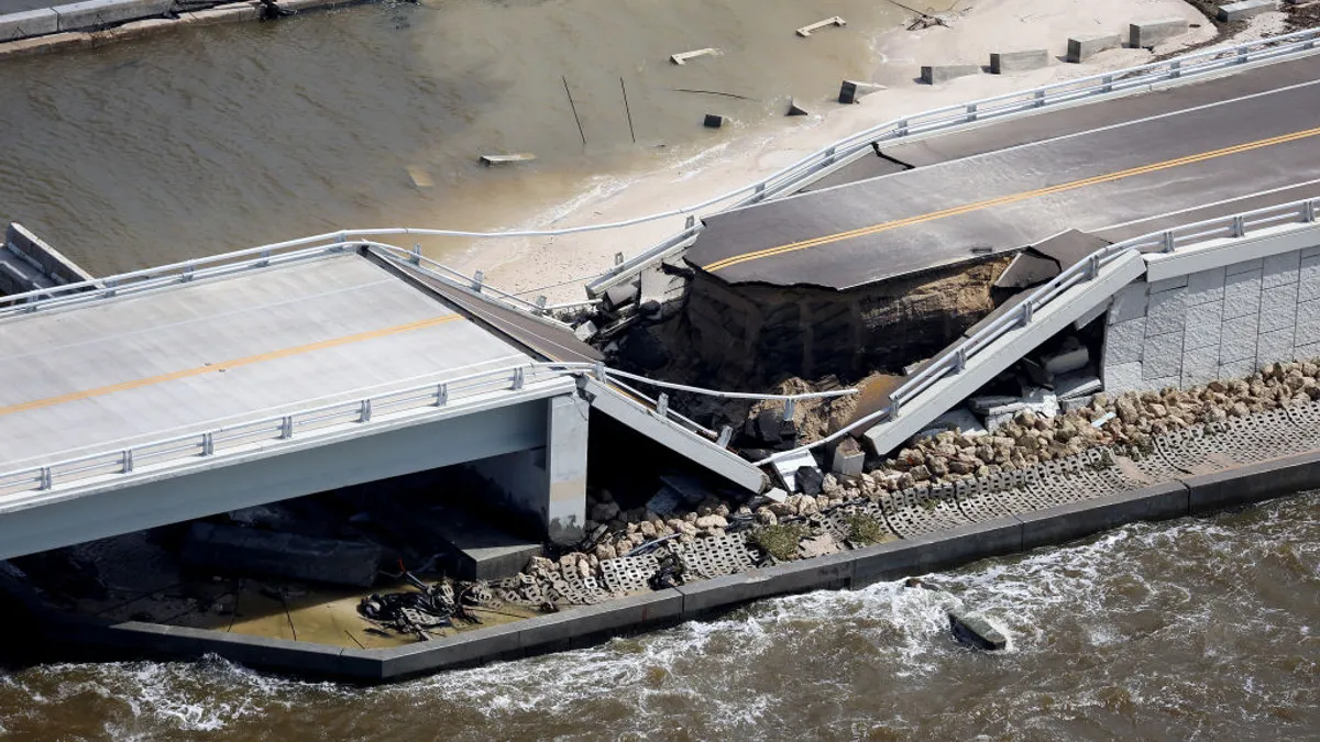 Aerial view shows a portion of the Sanibel Causeway in Florida collapsed.