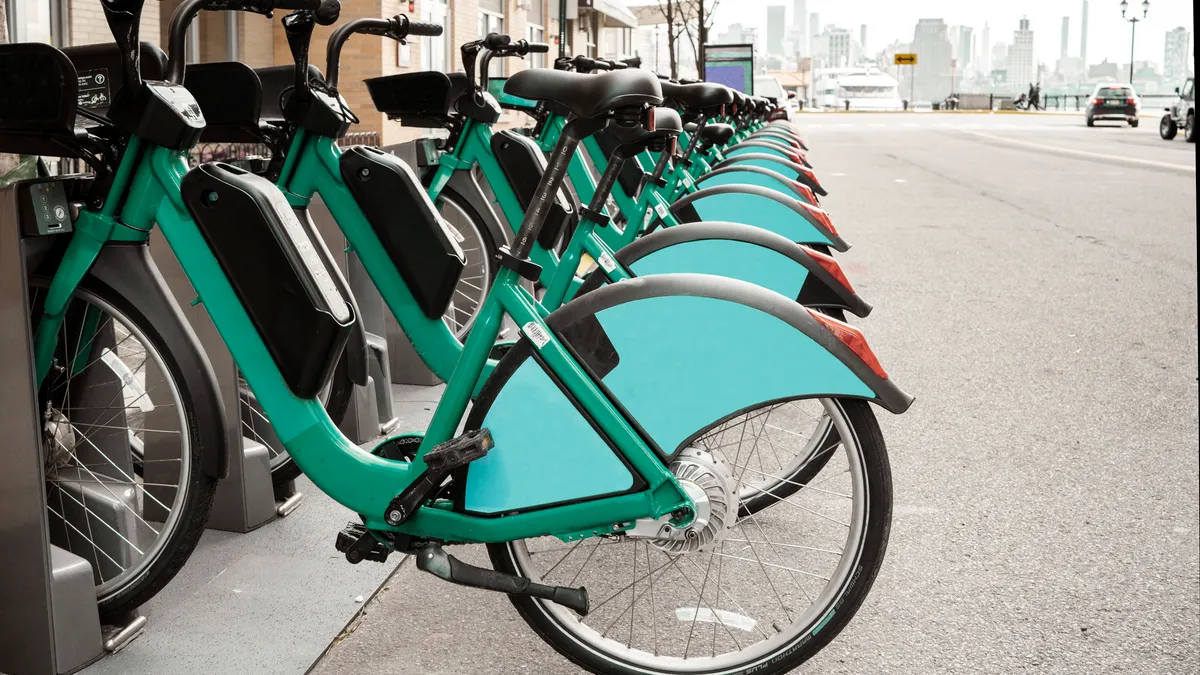 Shared bikes parked at bike station.