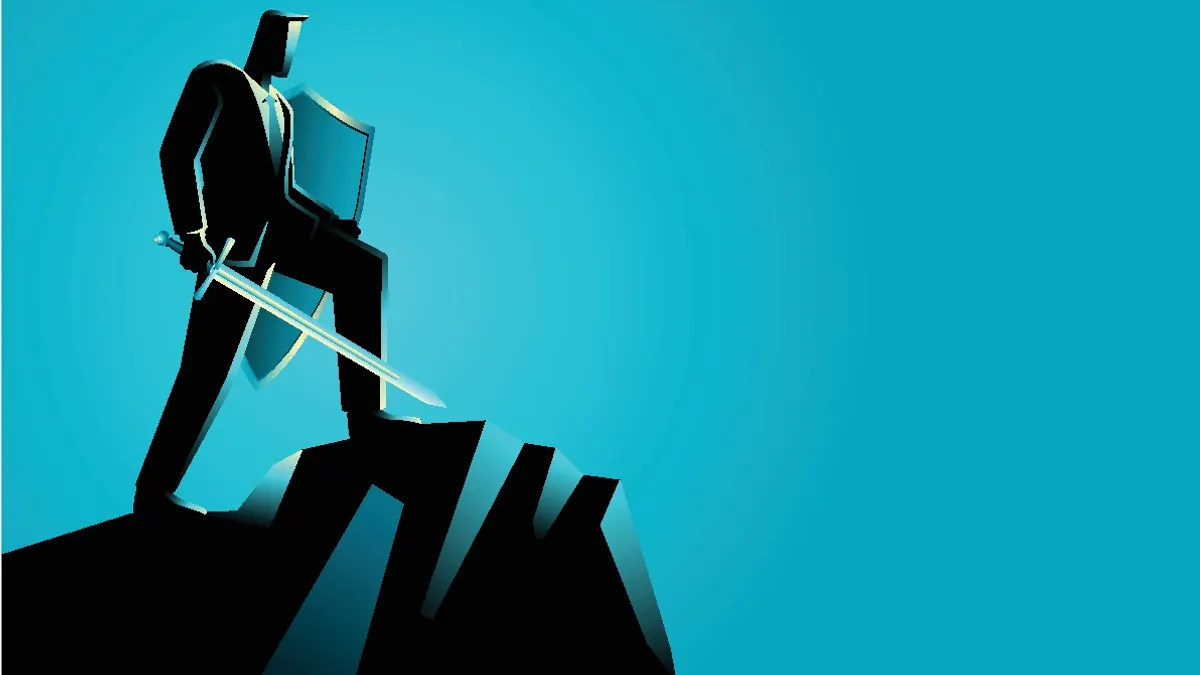 Business concept vector illustration of an optimistic businessman holding a sword and shield standing on top of a mountain,  preparation, protection, precaution in business concept