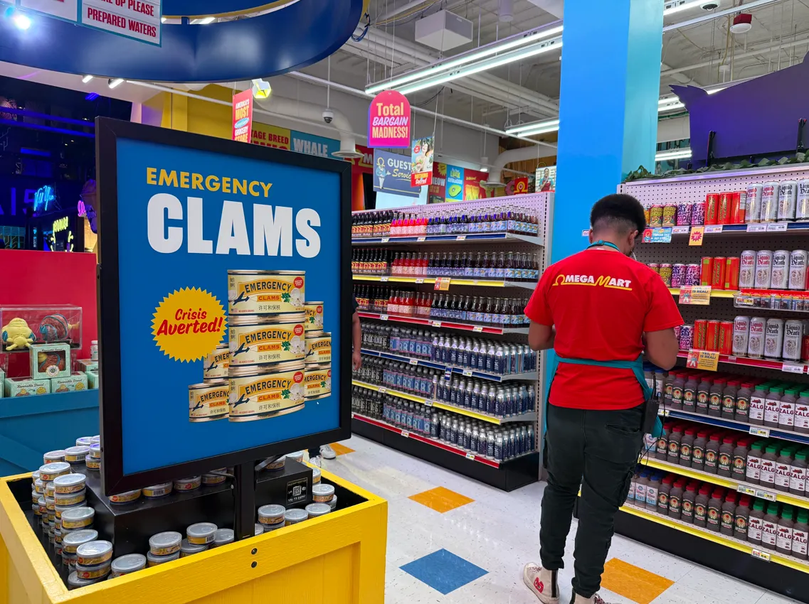 A fake worker at a fake grocery store.