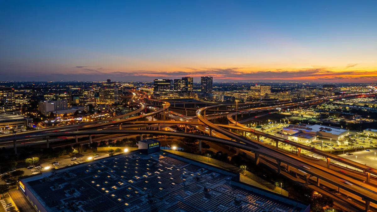 A highway system at night.