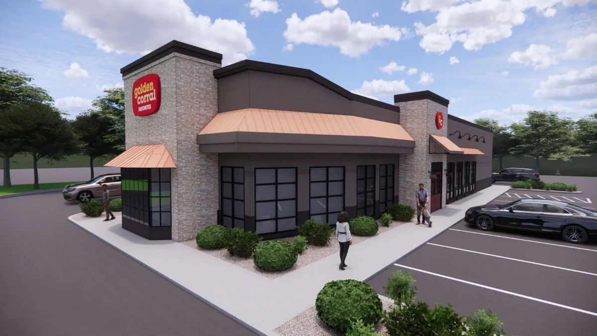 A rendering of a building with a logo that says Golden Corral Favorites