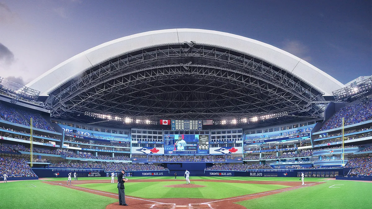 A rendering of a major league ballpark from field-level.