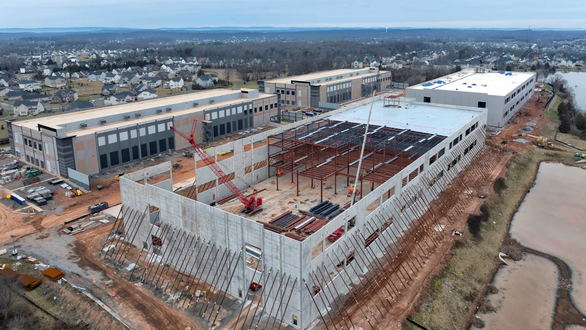 Aerial view of construction of Amazon Mid-Atlantic Region data center in Northern Virginia, Loudoun County, USA .