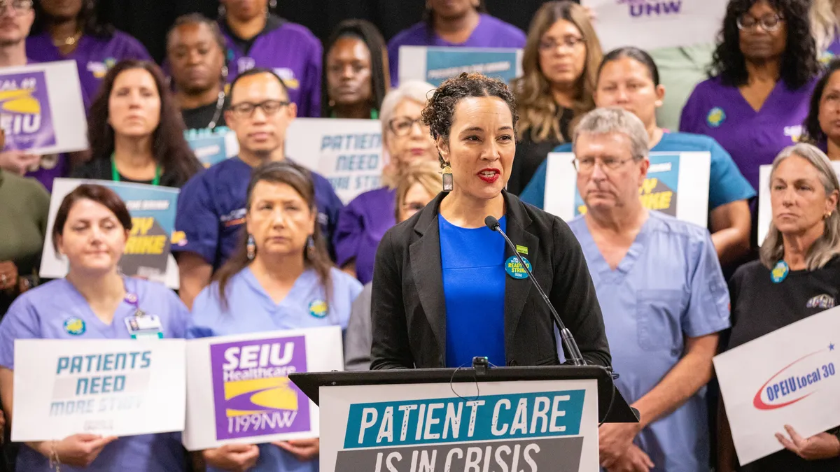 Caroline Lucas speaks at a Coalition of Kaiser Permanente Unions conference in Los Angeles in August 2023