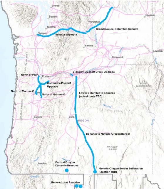 A map of transmission projects planned by the Bonneville Power Administration.