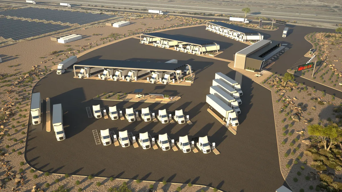 A rendering of a Greenlane location where electric trucks could charge with electricity and refuel with hydrogen. The overhead view shows tractors and tractor-trailers in the facility's lot.