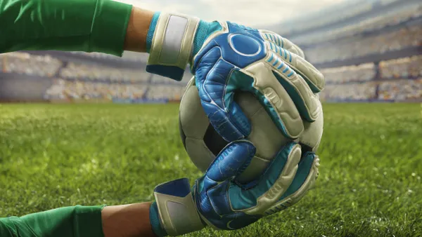 Soccer goalkeeper catches a ball during a play on a professional soccer stadium.
