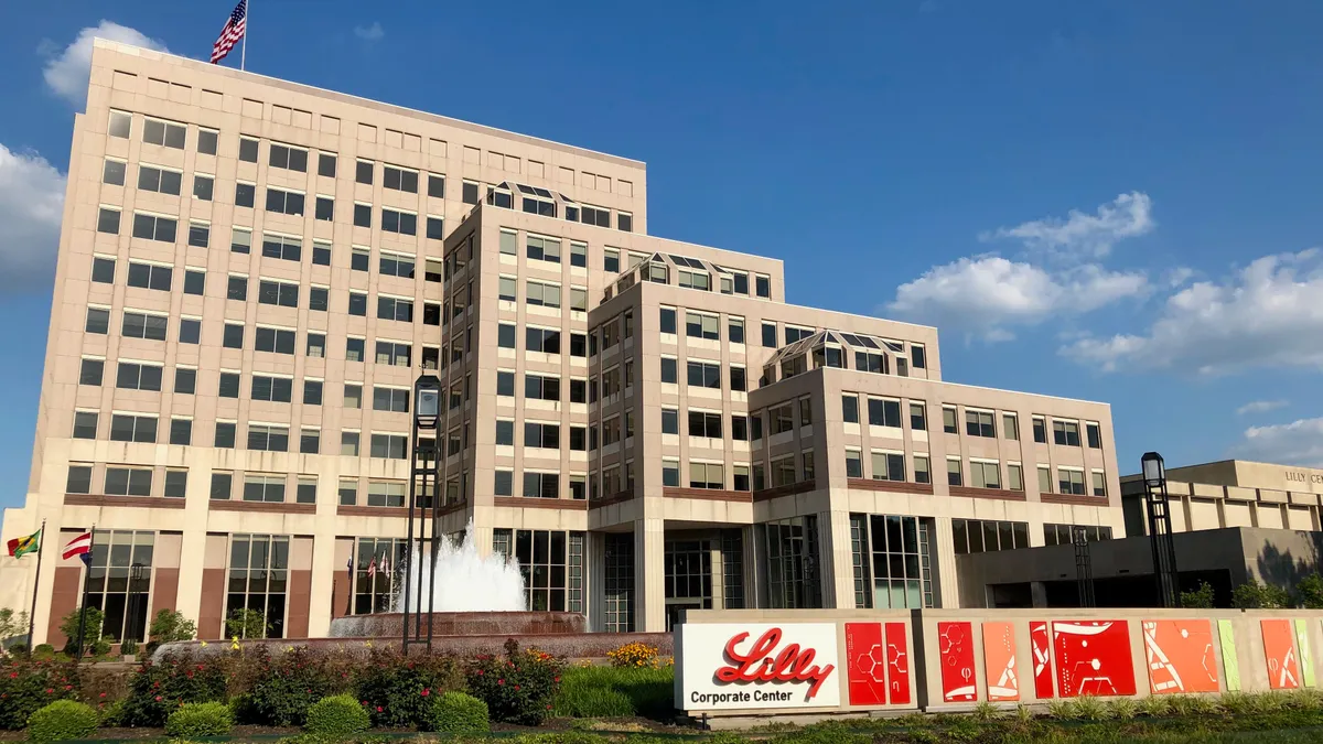 The headquarters of Eli Lilly & Co. is pictured on Aug. 1, 2019, in Indianapolis, Indiana.