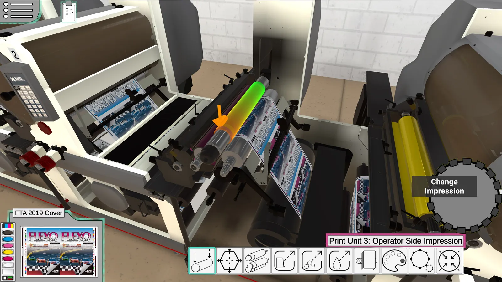 A screengrab from a virtual reality program depicts a narrow web flexography printing press in an industrial setting.