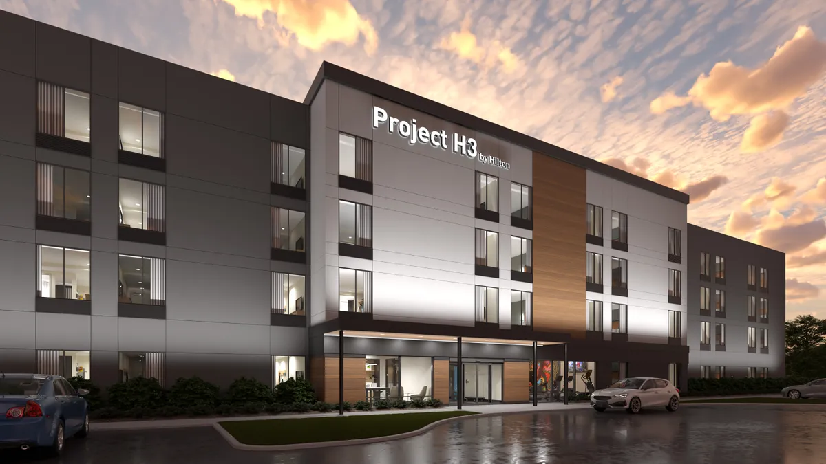 A rendering of the exterior of Hilton's new Project H3 brand.