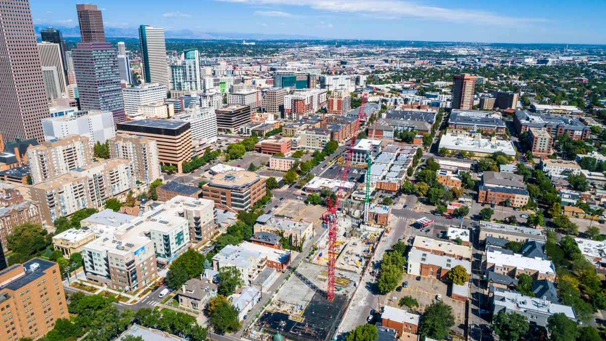 Aerial shot of urban downtown